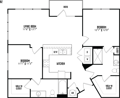 Floor plan for 2 beds, 2 baths, 1092 sqft